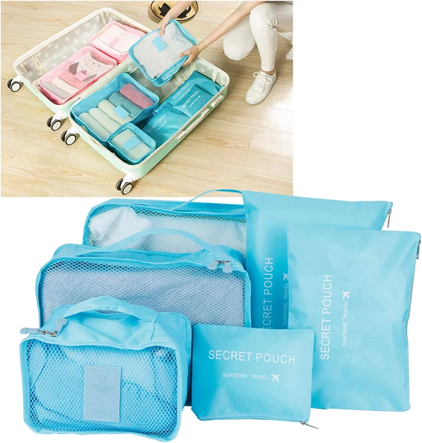 6pcs Luggage Organizer Bags, Nylon Cloth Packing Cubes for Travel Travel Organizer Bags Travel Compression Bags Traveling Bags for Women, Travel (Blue)
