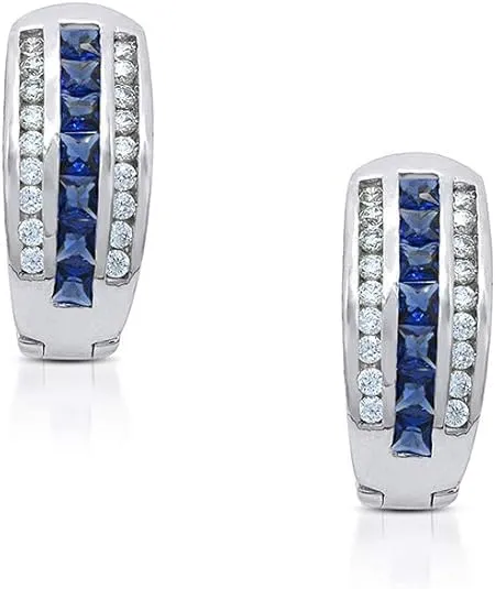 925 Sterling Silver 14K Gold Plated With Cubic Zirconia and Blue Sapphire C Shaped Huggie Earrings in Rose Gold, White Gold and Yellow Gold (Rose Gold Plated)