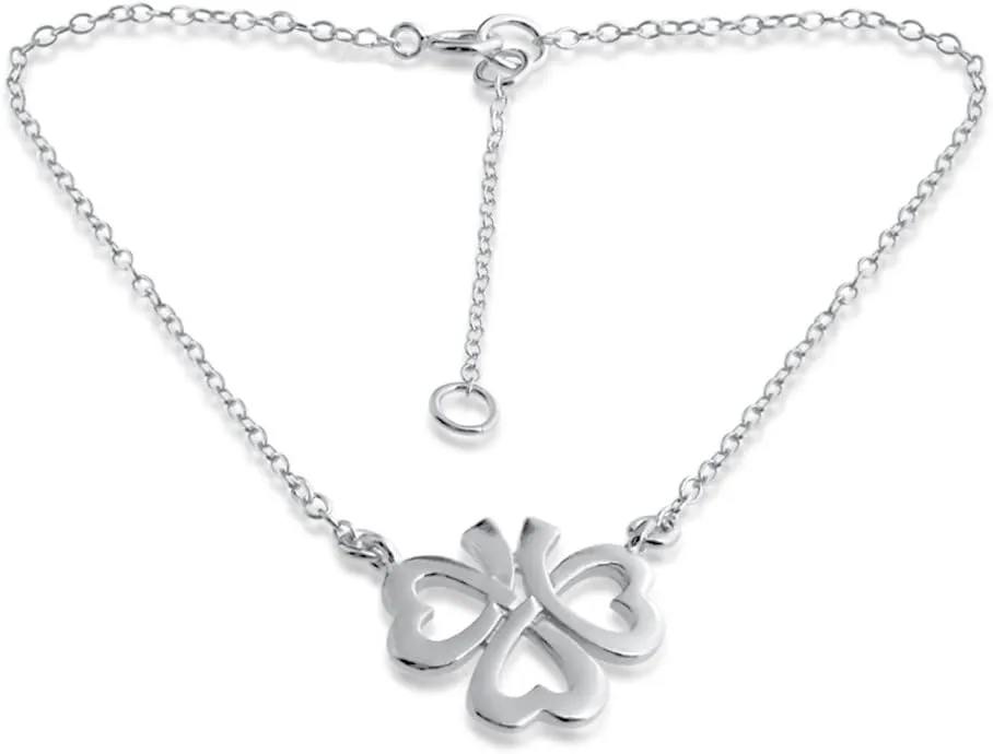 925 Sterling Silver Anklet Heart Shamrock Clover Lucky Charm Pendant Anklet Bracelet for Women
