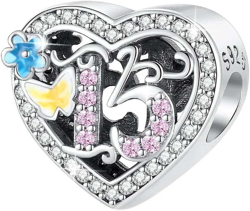 925 Sterling Silver Charms 15 16 18 21 30 40 50 60 Years Love Heart Charm fit Pandora Bracelets with 5A Cubic Zirconia Birthday DIY Bead Charm Bracelets Necklace Pendent Christmas for Women