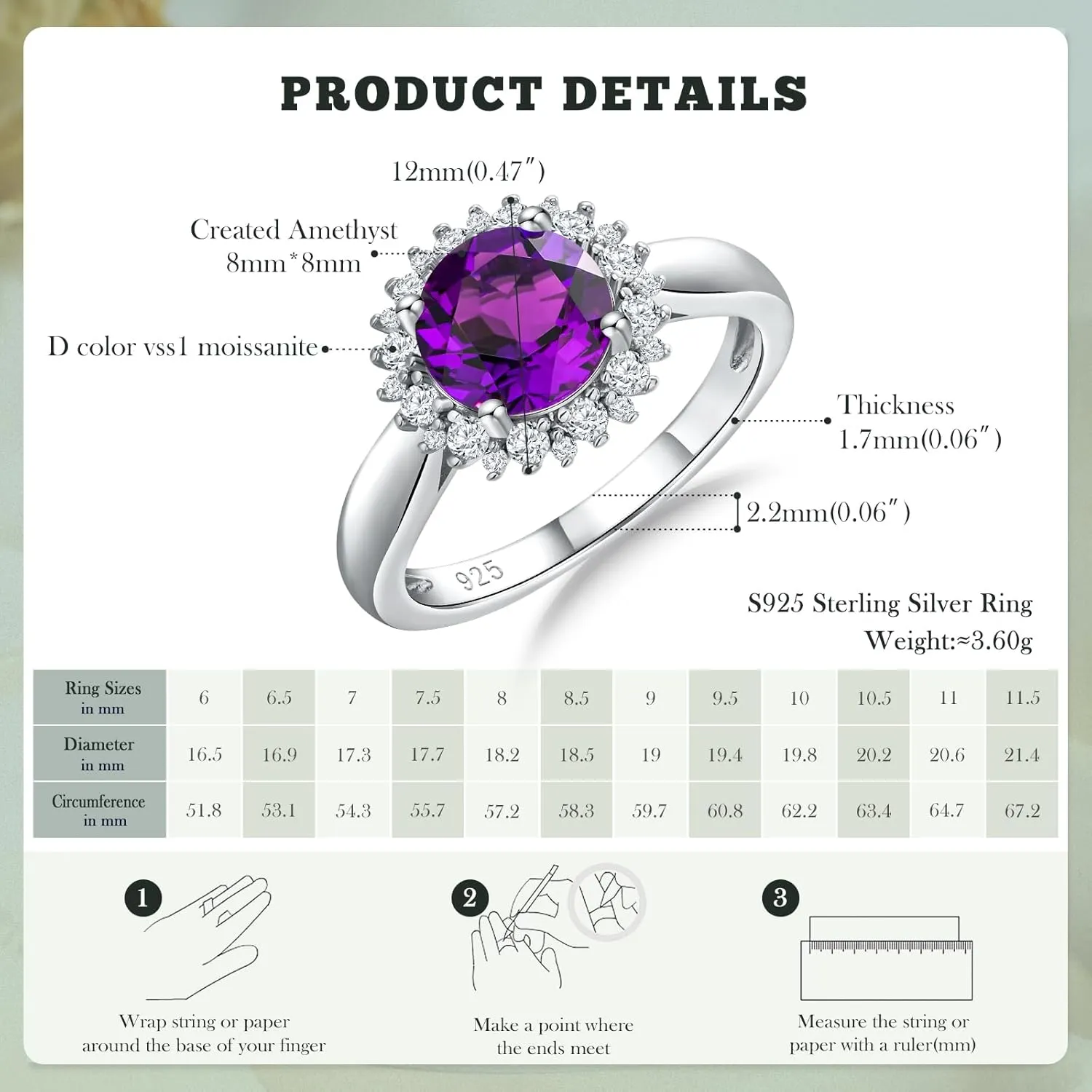 925 Sterling Silver Gemstone Engagement Ring for Women Moissanite/Zircon &Created Amethyst/Aquamarine/Emerald/Ruby/Sapphire Promise Rings Cocktail Wedding Birthday Jewelry