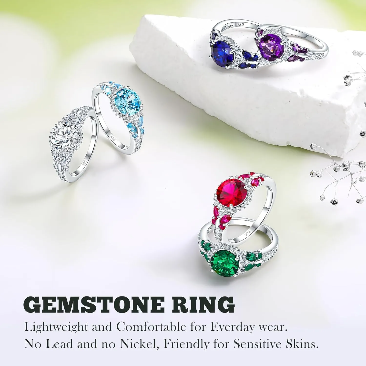 925 Sterling Silver Gemstone Engagement Ring for Women Moissanite/Zircon &Created Amethyst/Aquamarine/Emerald/Ruby/Sapphire Promise Rings Cocktail Wedding Birthday Jewelry