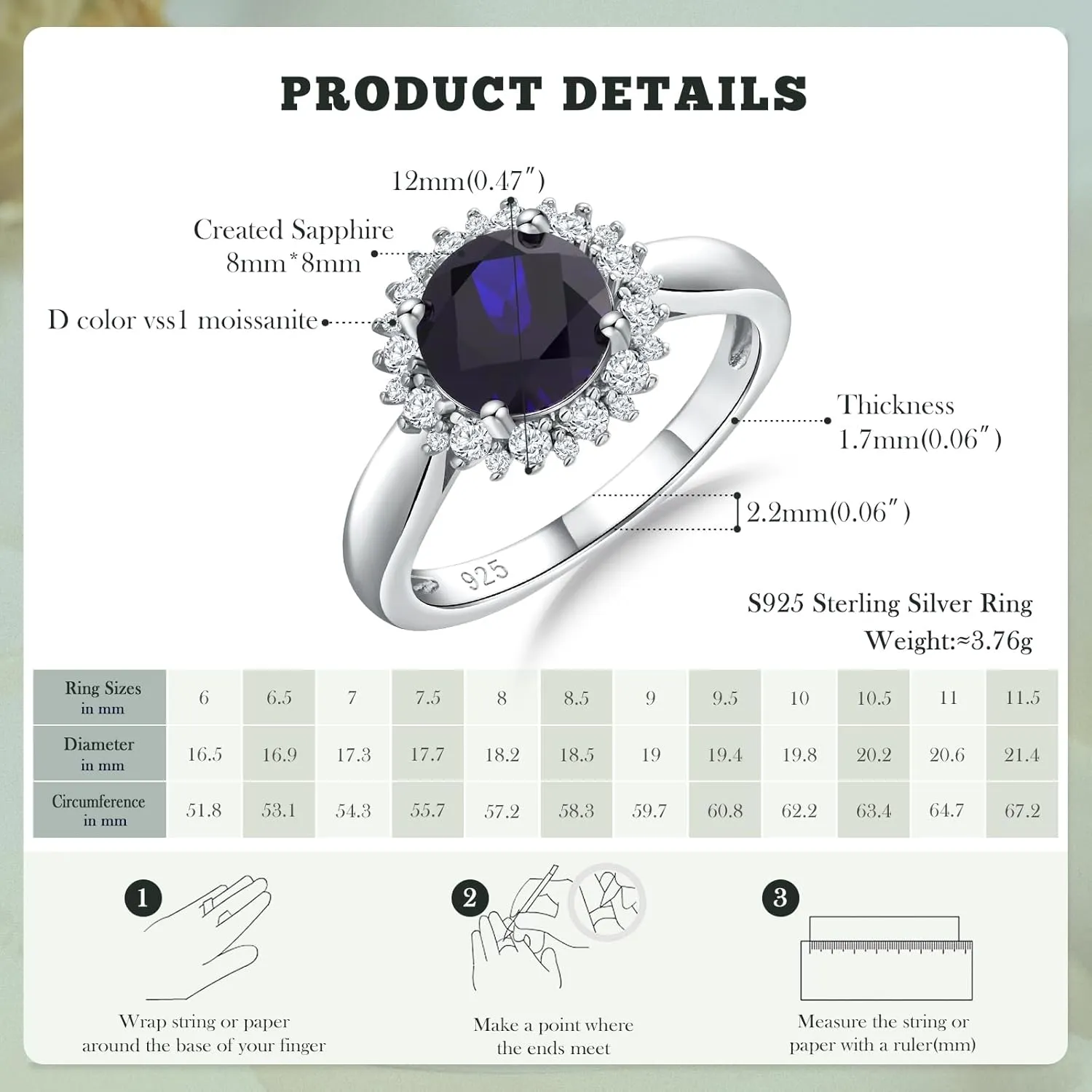 925 Sterling Silver Gemstone Engagement Ring for Women Moissanite/Zircon &Created Amethyst/Aquamarine/Emerald/Ruby/Sapphire Promise Rings Cocktail Wedding Birthday Jewelry