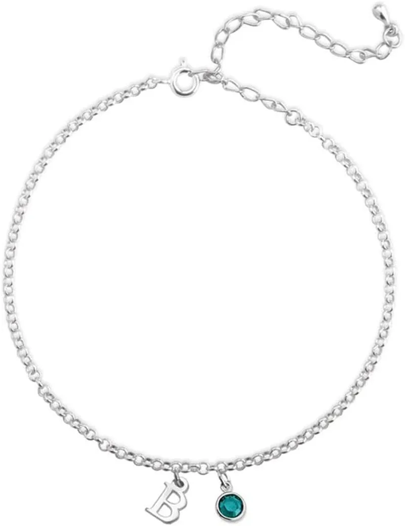 925 Sterling Silver Personalized Initial Charm Bracelets Anklet with Birthstone Letter Jewelry Collection