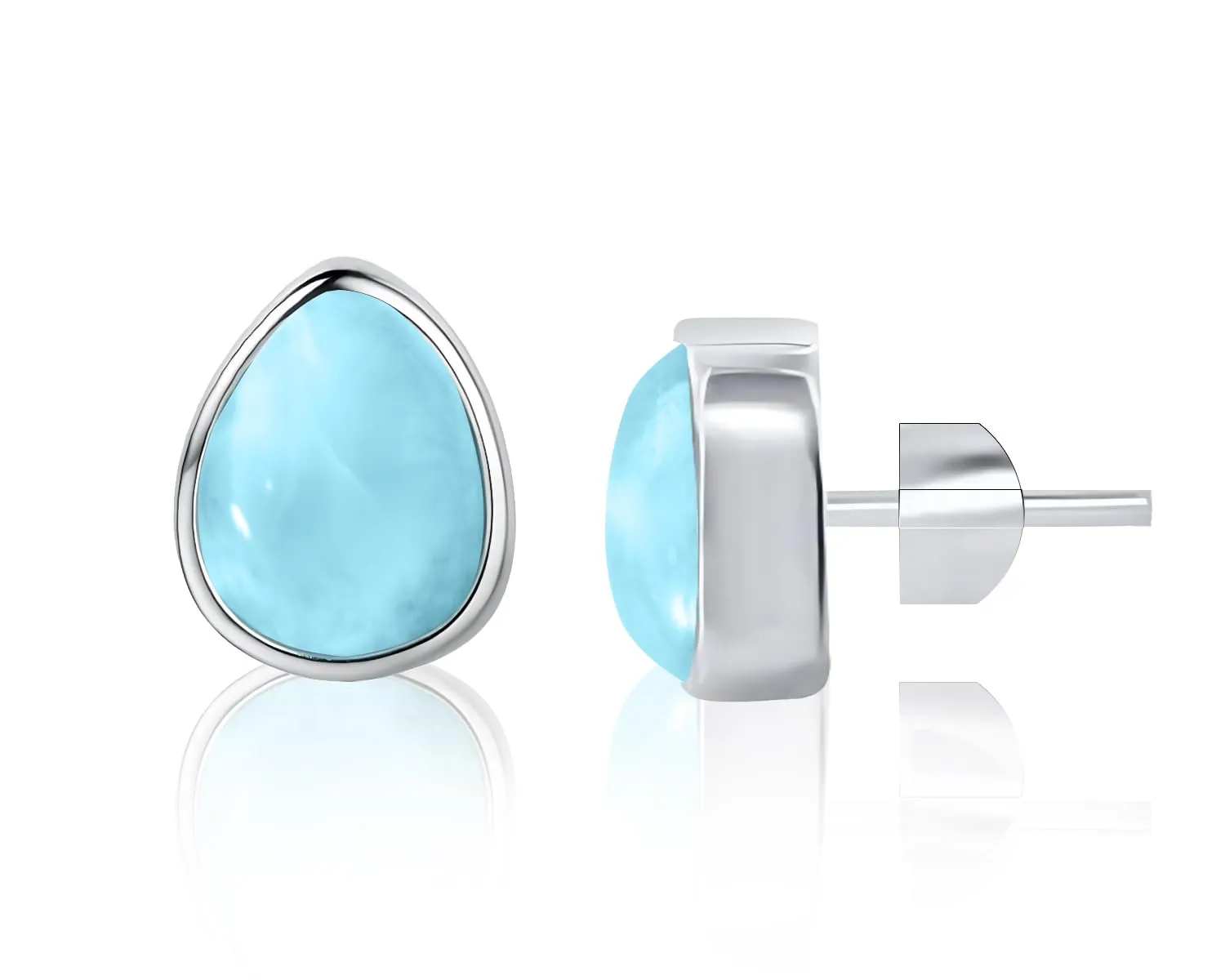 925 sterling silver sleeper-style earrings with natural Larimar tear drops, handcrafted artisanally. With push-back or butterfly closures