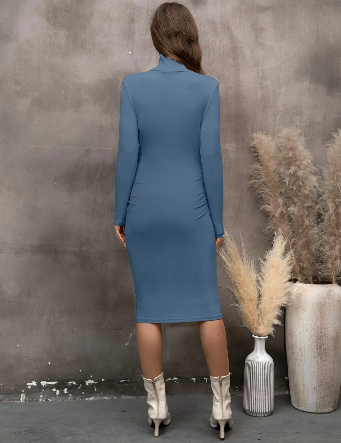 abkylie Turtleneck Long Sleeve Maternity Dress with Side Ruched/Knee Length Pregnancy Dress Fall Photoshoot Daily