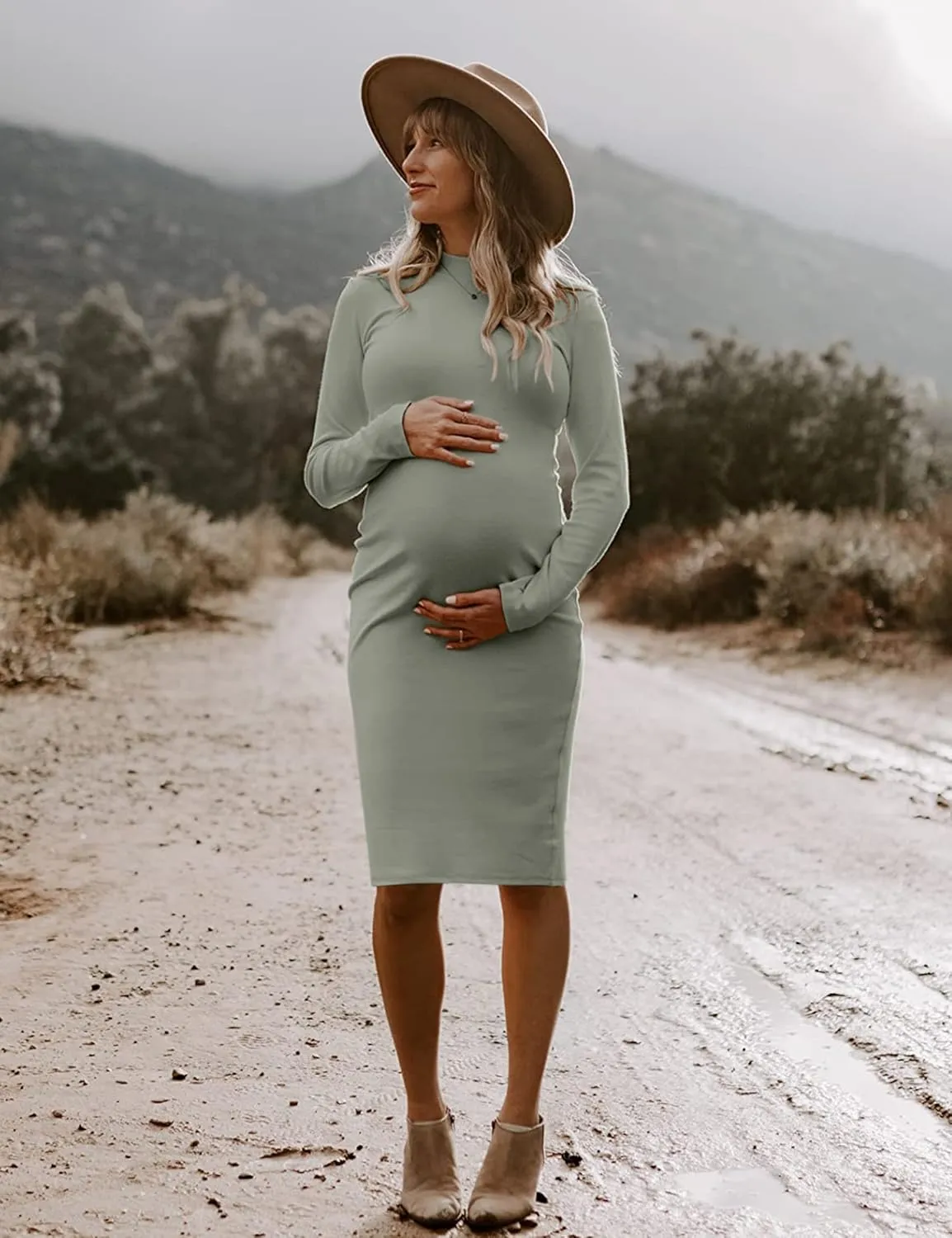 abkylie Turtleneck Long Sleeve Maternity Dress with Side Ruched/Knee Length Pregnancy Dress Fall Photoshoot Daily