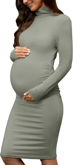 abkylie Turtleneck Long Sleeve Maternity Dress with Side Ruched/Knee Length Pregnancy Dress Fall Photoshoot Daily
