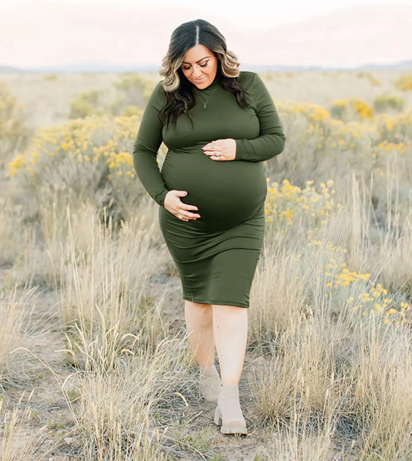 abkylie Turtleneck Long Sleeve Maternity Dress with Side Ruched/Knee Length Pregnancy Dress Fall Photoshoot Daily