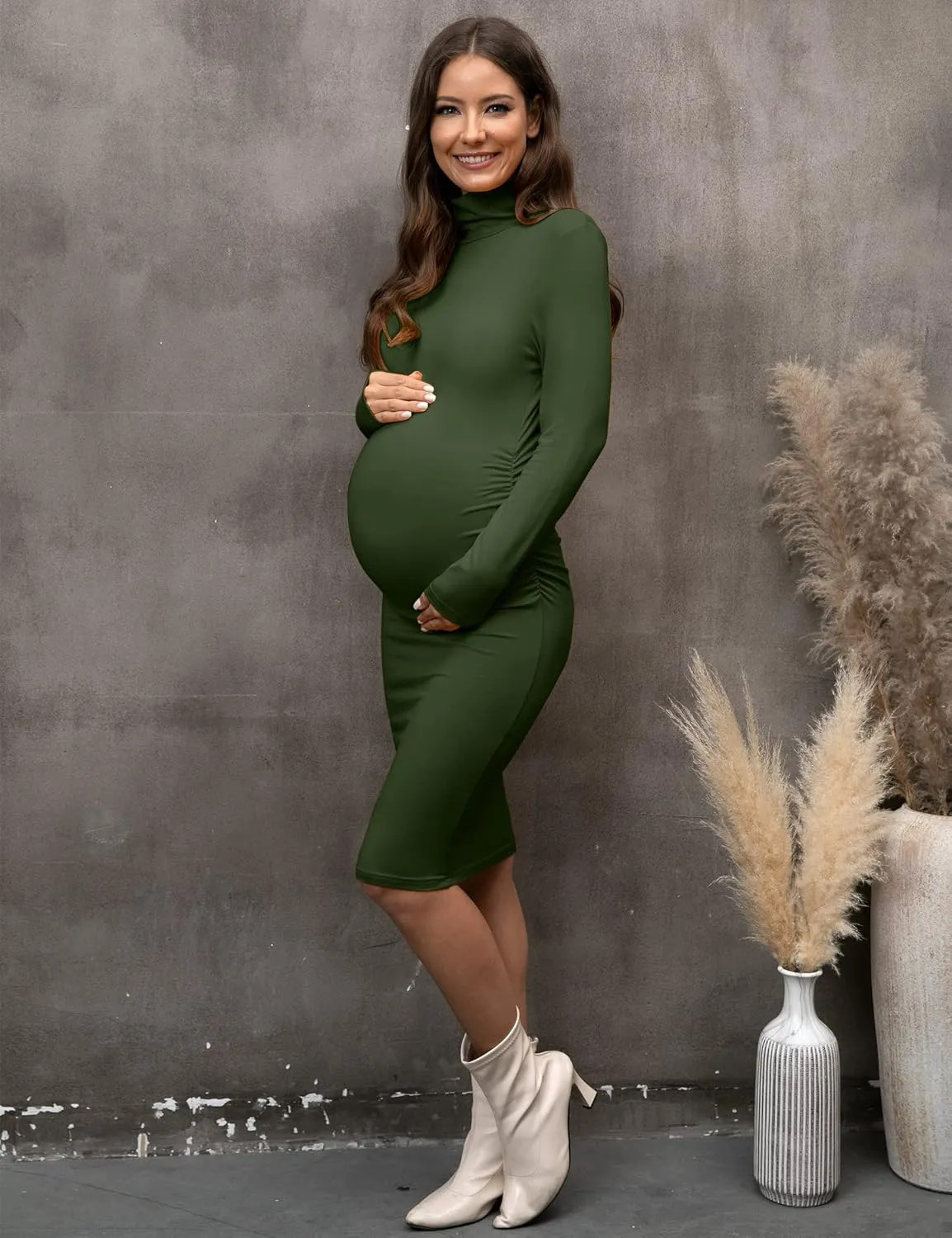 abkylie Turtleneck Long Sleeve Maternity Dress with Side Ruched/Knee Length Pregnancy Dress Fall Photoshoot Daily