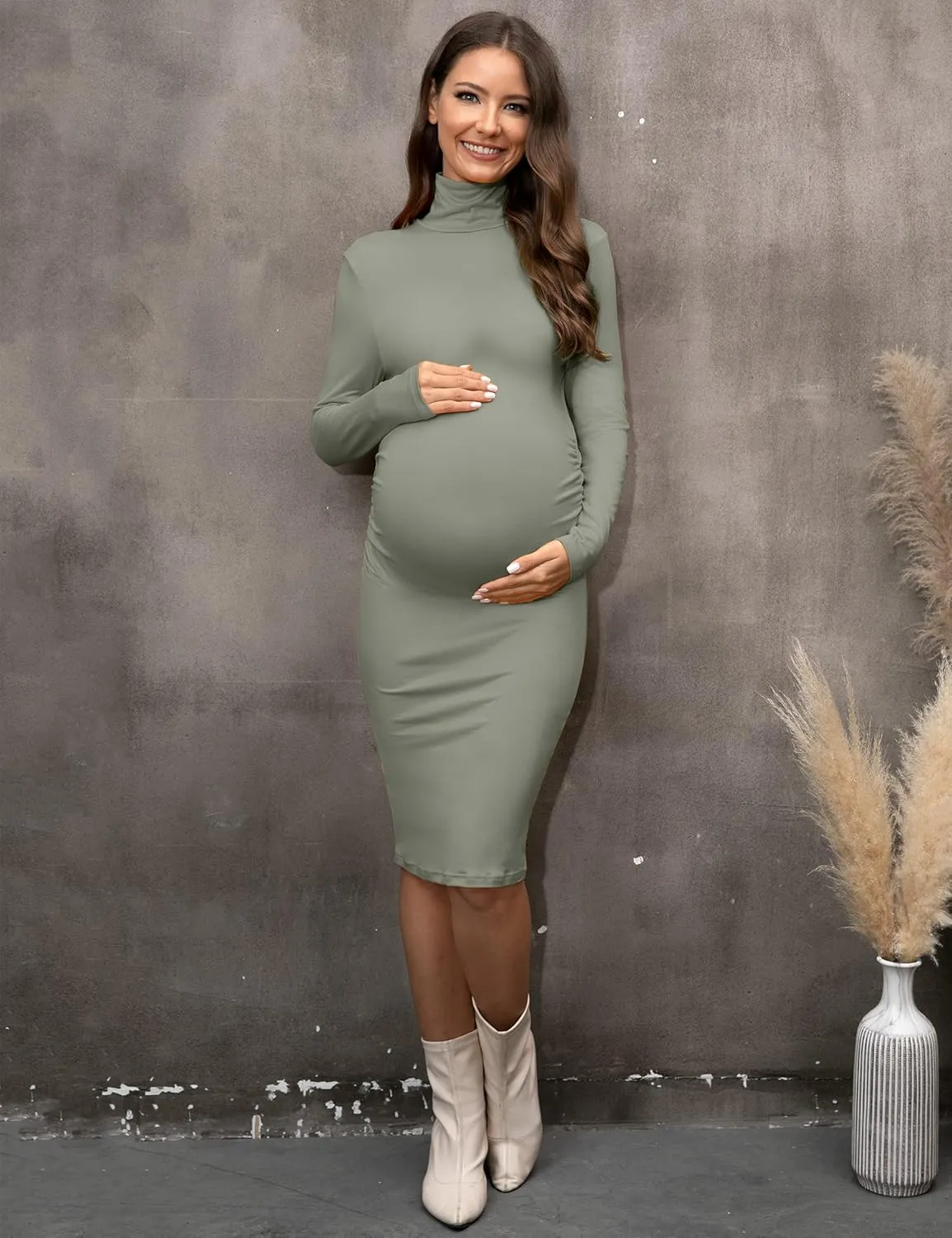 abkylie Turtleneck Long Sleeve Maternity Dress with Side Ruched/Knee Length Pregnancy Dress Fall Photoshoot Daily