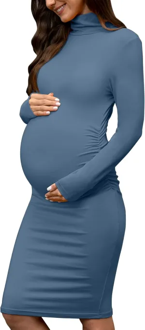 abkylie Turtleneck Long Sleeve Maternity Dress with Side Ruched/Knee Length Pregnancy Dress Fall Photoshoot Daily