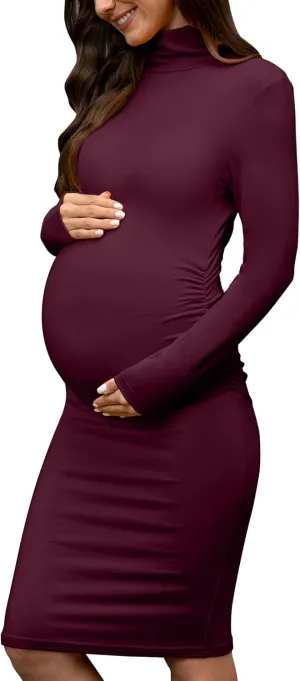 abkylie Turtleneck Long Sleeve Maternity Dress with Side Ruched/Knee Length Pregnancy Dress Fall Photoshoot Daily