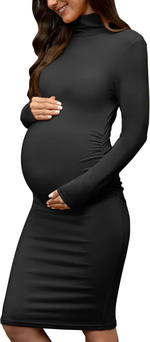 abkylie Turtleneck Long Sleeve Maternity Dress with Side Ruched/Knee Length Pregnancy Dress Fall Photoshoot Daily