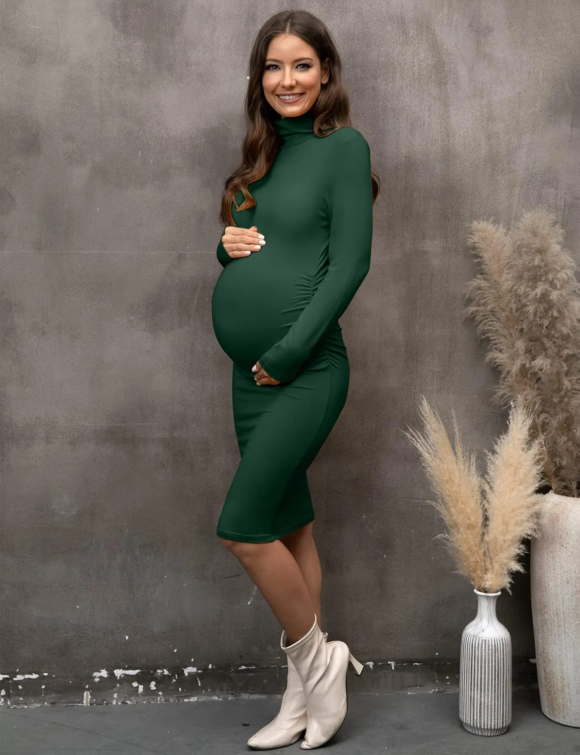 abkylie Turtleneck Long Sleeve Maternity Dress with Side Ruched/Knee Length Pregnancy Dress Fall Photoshoot Daily