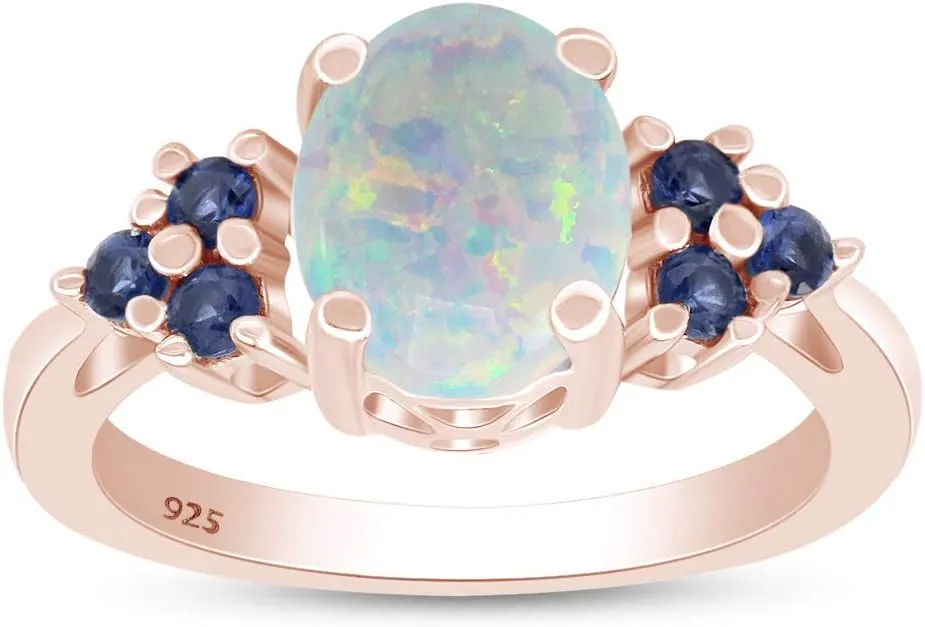 AFFY White Opal & Blue Sapphire In 14k Gold Over Sterling Silver Oval & Round Cut Ring Jewelry For Womens