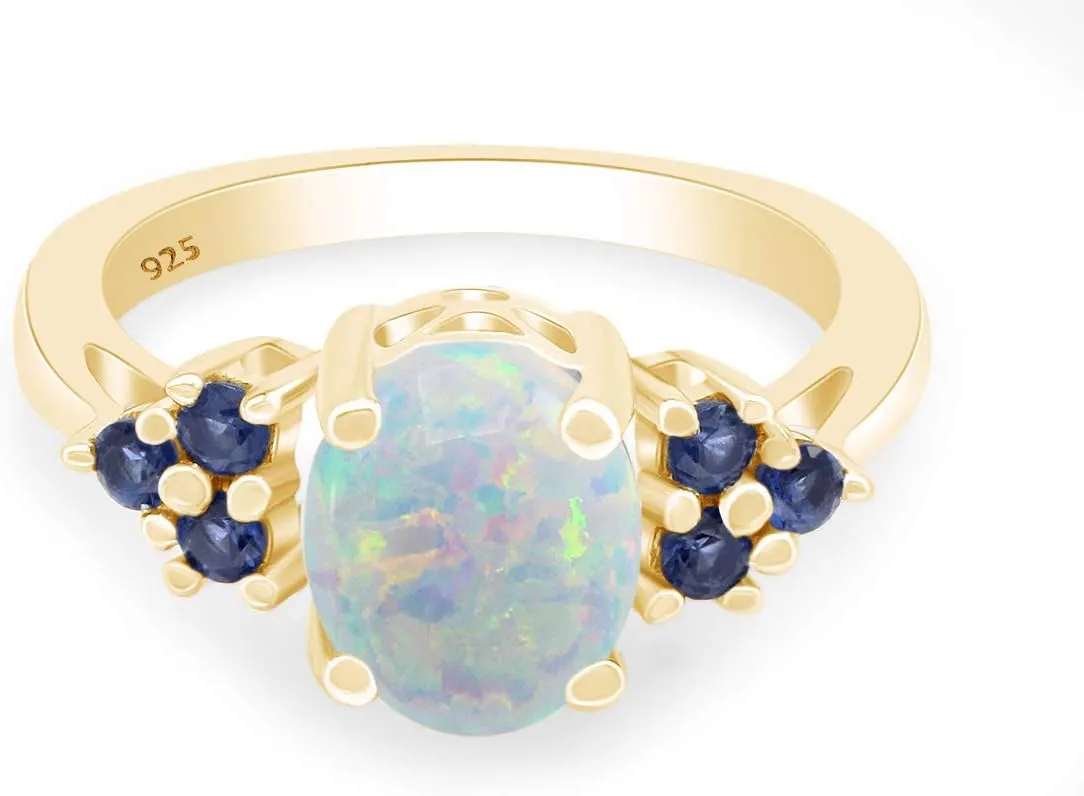 AFFY White Opal & Blue Sapphire In 14k Gold Over Sterling Silver Oval & Round Cut Ring Jewelry For Womens