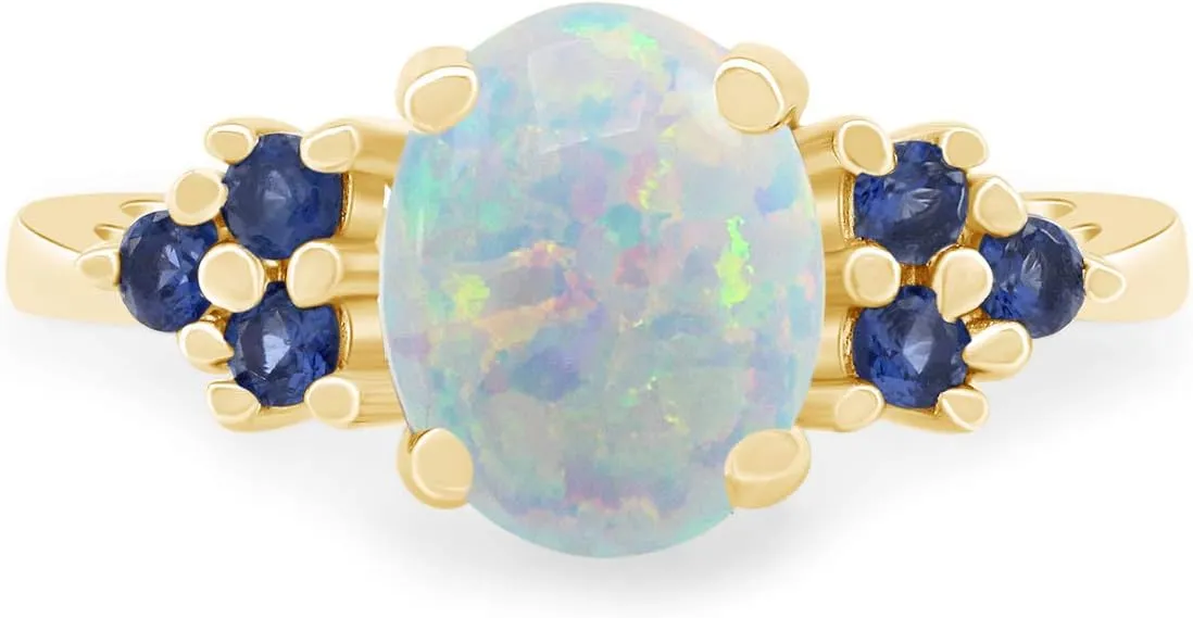 AFFY White Opal & Blue Sapphire In 14k Gold Over Sterling Silver Oval & Round Cut Ring Jewelry For Womens