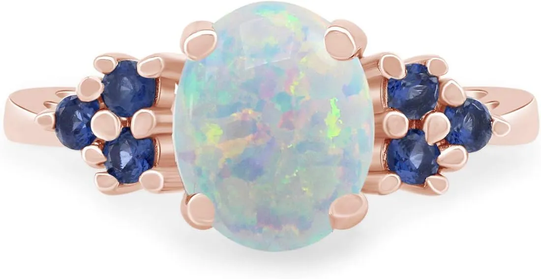 AFFY White Opal & Blue Sapphire In 14k Gold Over Sterling Silver Oval & Round Cut Ring Jewelry For Womens