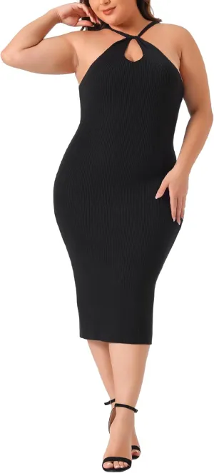 Agnes Orinda Plus Size Sweater Dress for Women Twist Front Halter Neck Ribbed Sleeveless Bodycon Midi Dresses