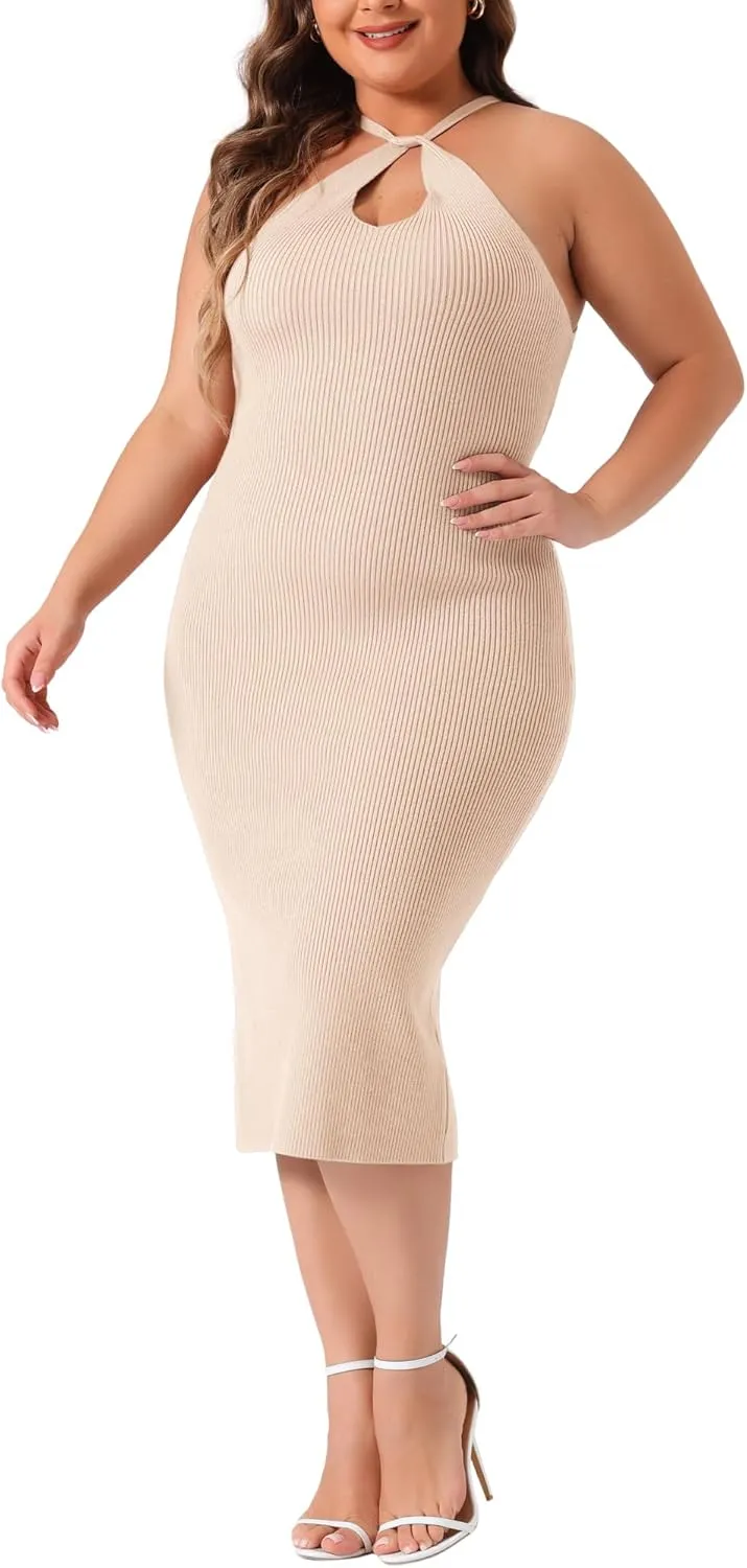 Agnes Orinda Plus Size Sweater Dress for Women Twist Front Halter Neck Ribbed Sleeveless Bodycon Midi Dresses