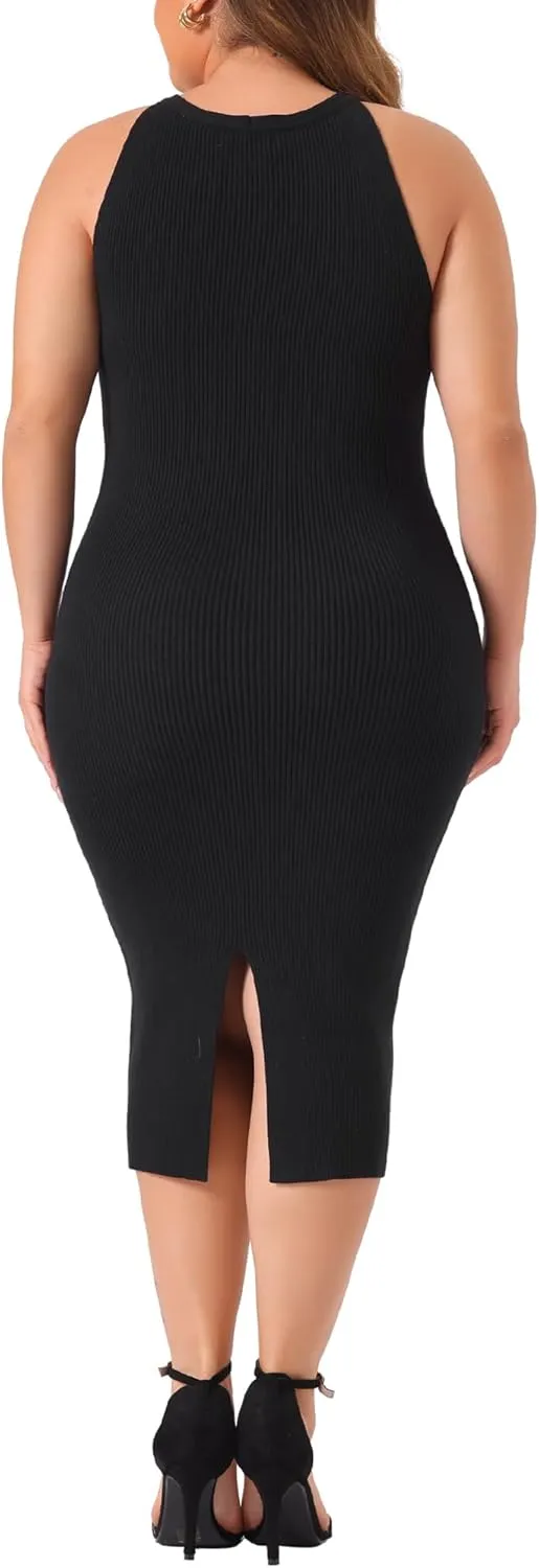 Agnes Orinda Plus Size Sweater Dress for Women Twist Front Halter Neck Ribbed Sleeveless Bodycon Midi Dresses