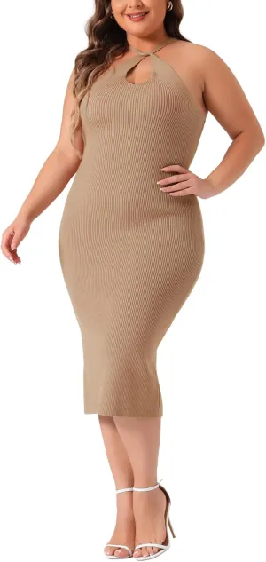 Agnes Orinda Plus Size Sweater Dress for Women Twist Front Halter Neck Ribbed Sleeveless Bodycon Midi Dresses