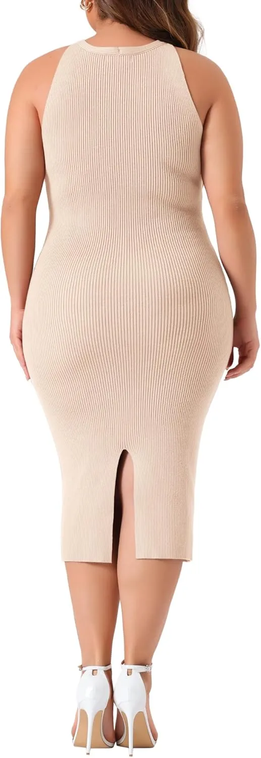 Agnes Orinda Plus Size Sweater Dress for Women Twist Front Halter Neck Ribbed Sleeveless Bodycon Midi Dresses