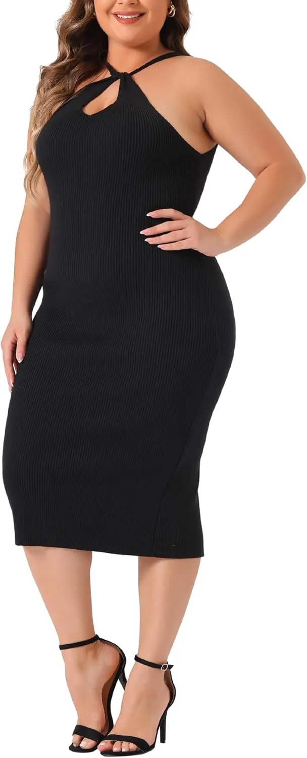 Agnes Orinda Plus Size Sweater Dress for Women Twist Front Halter Neck Ribbed Sleeveless Bodycon Midi Dresses