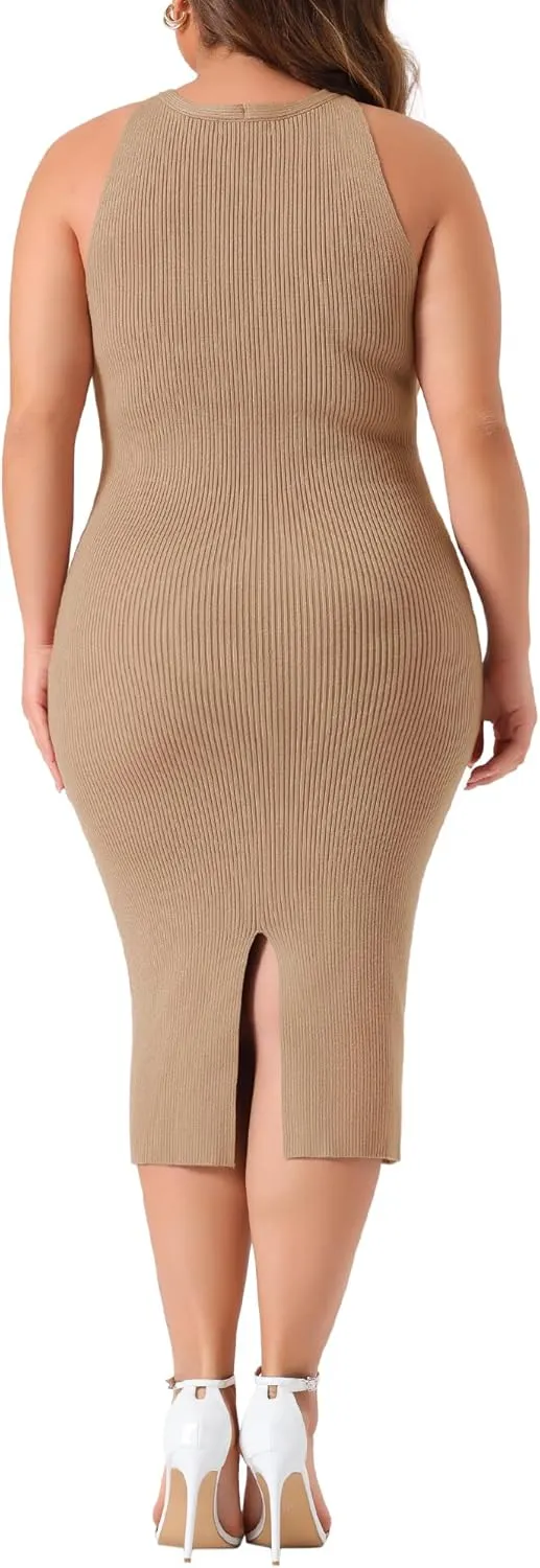 Agnes Orinda Plus Size Sweater Dress for Women Twist Front Halter Neck Ribbed Sleeveless Bodycon Midi Dresses