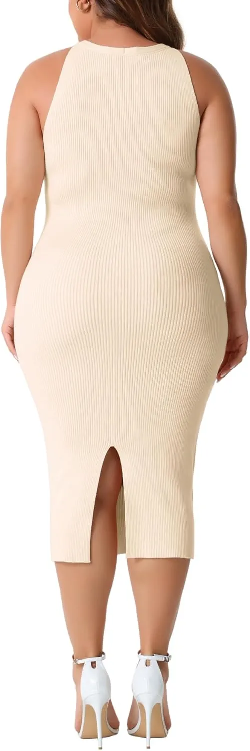 Agnes Orinda Plus Size Sweater Dress for Women Twist Front Halter Neck Ribbed Sleeveless Bodycon Midi Dresses