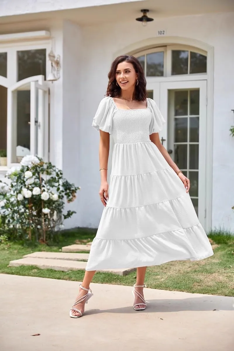aihihe Summer Dresses for Women 2025 Casual Maxi Dress Square Neck Puff Sleeve Smocked High Waist A Line Boho Flowy Dresses