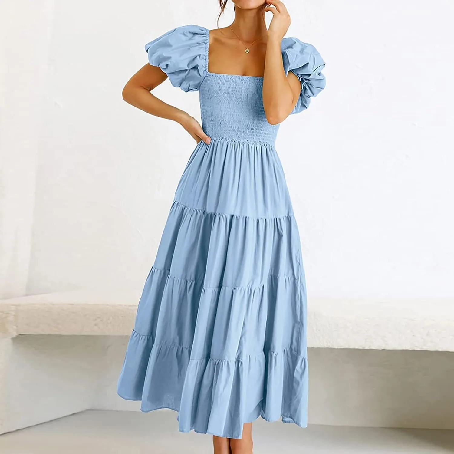 aihihe Summer Dresses for Women 2025 Casual Maxi Dress Square Neck Puff Sleeve Smocked High Waist A Line Boho Flowy Dresses