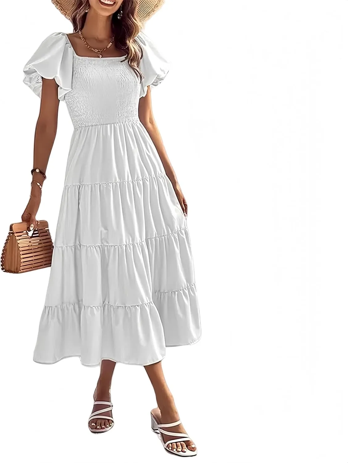 aihihe Summer Dresses for Women 2025 Casual Maxi Dress Square Neck Puff Sleeve Smocked High Waist A Line Boho Flowy Dresses