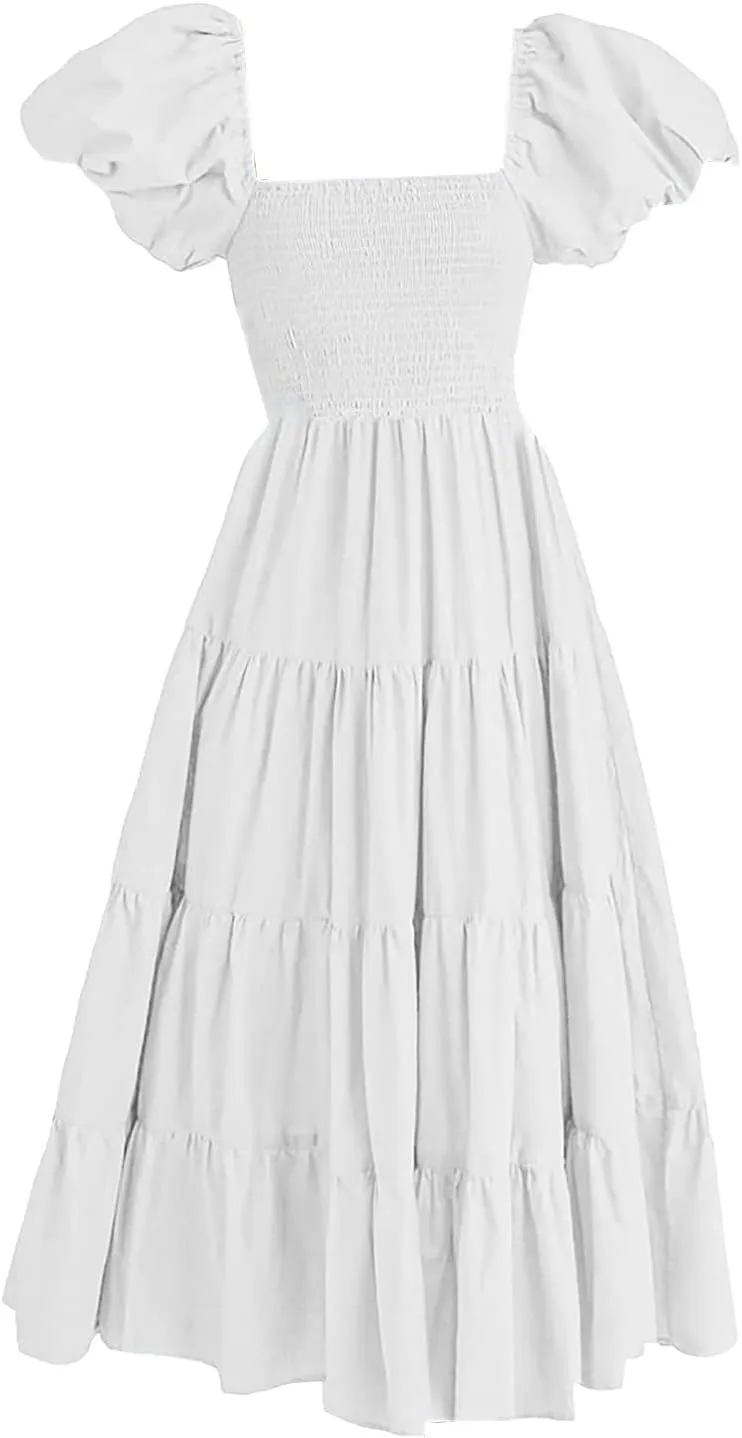 aihihe Summer Dresses for Women 2025 Casual Maxi Dress Square Neck Puff Sleeve Smocked High Waist A Line Boho Flowy Dresses