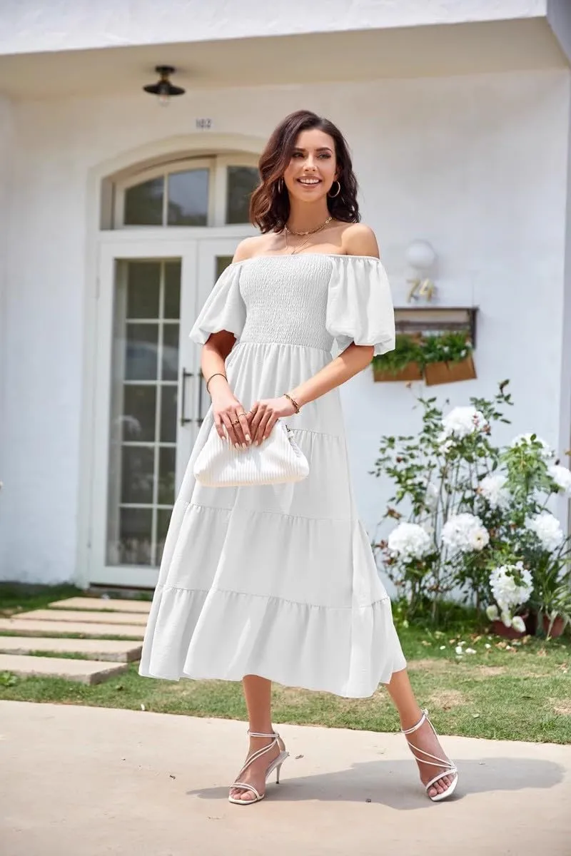 aihihe Summer Dresses for Women 2025 Casual Maxi Dress Square Neck Puff Sleeve Smocked High Waist A Line Boho Flowy Dresses