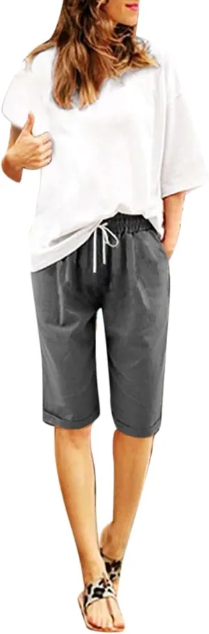 aihihe Womens Summer Linen Shorts Loose Fit Elastic Waist Bermuda Shorts Plus Size Knee Length Casual Beach Shorts