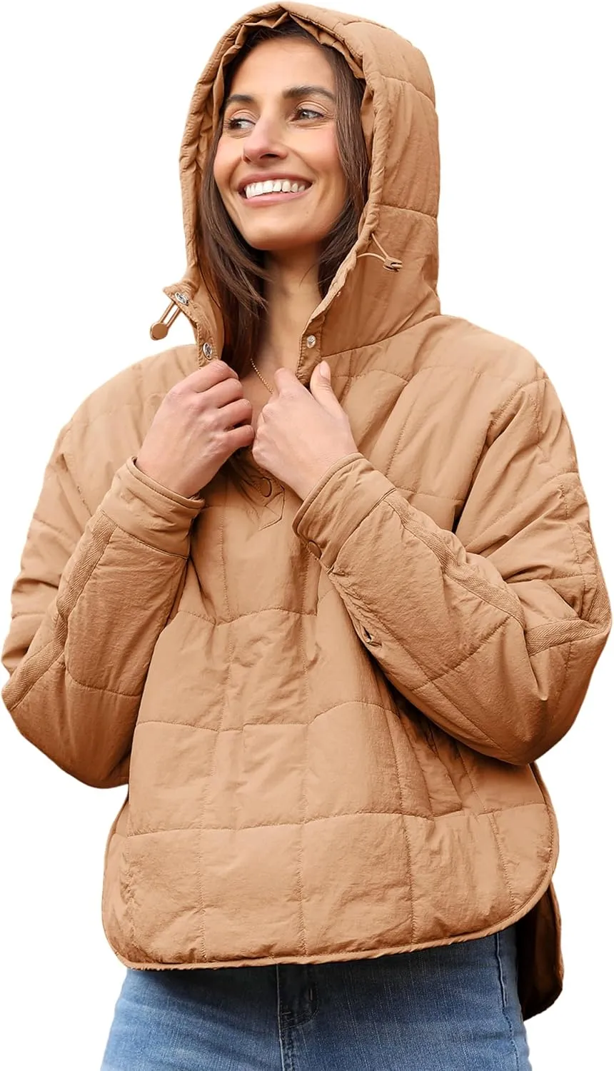 Ailoqing Women's Oversized Pullover Puffer Jacket Quilted Lightweight Long Sleeve Winter Warm Hoodies Coat