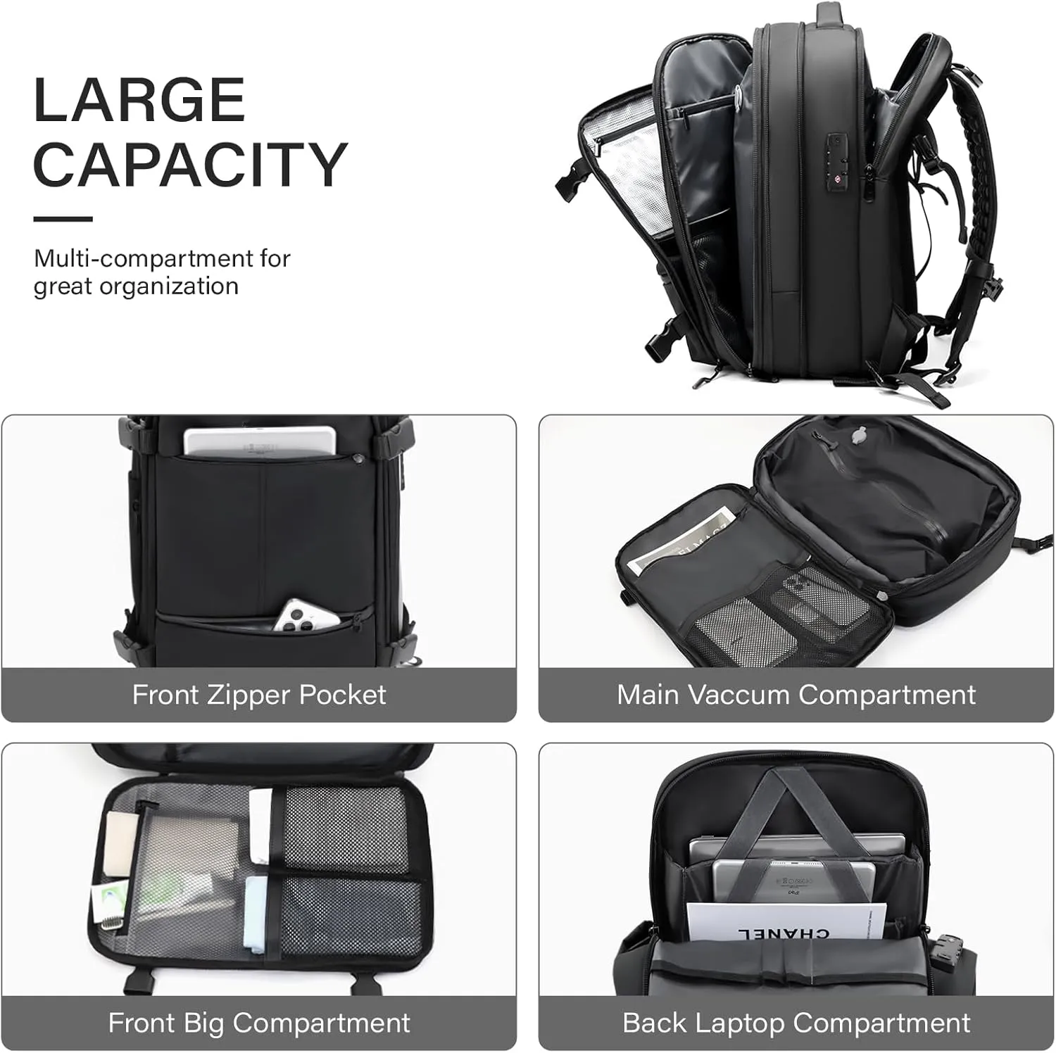 Airback Backpack,60L Expandable Vacuum Backpack Travel with TSA Lock,17.3 inch Laptop Backpacks Vacpack Backpacks with Vacuum(Black,Without Air Pump)