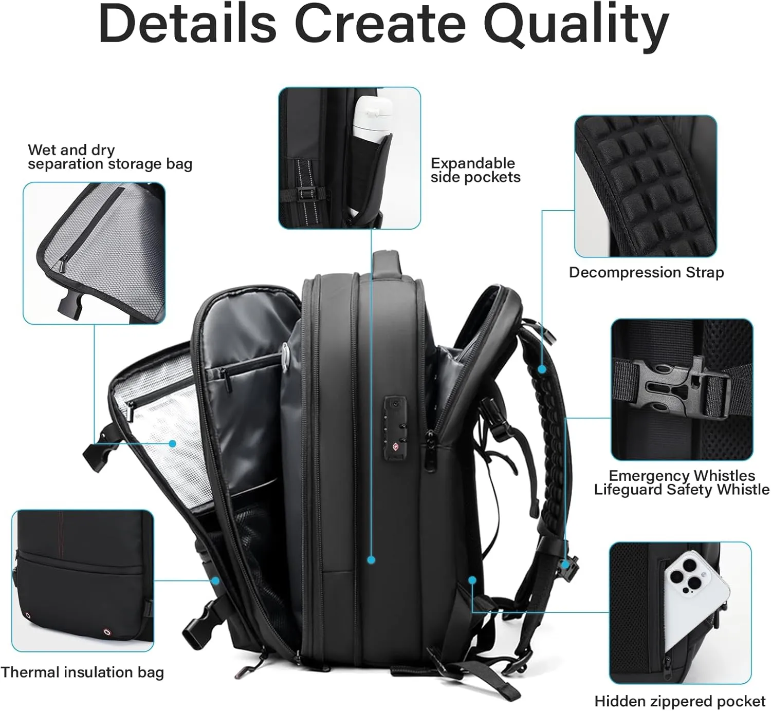 Airback Backpack,60L Expandable Vacuum Backpack Travel with TSA Lock,17.3 inch Laptop Backpacks Vacpack Backpacks with Vacuum(Black,Without Air Pump)