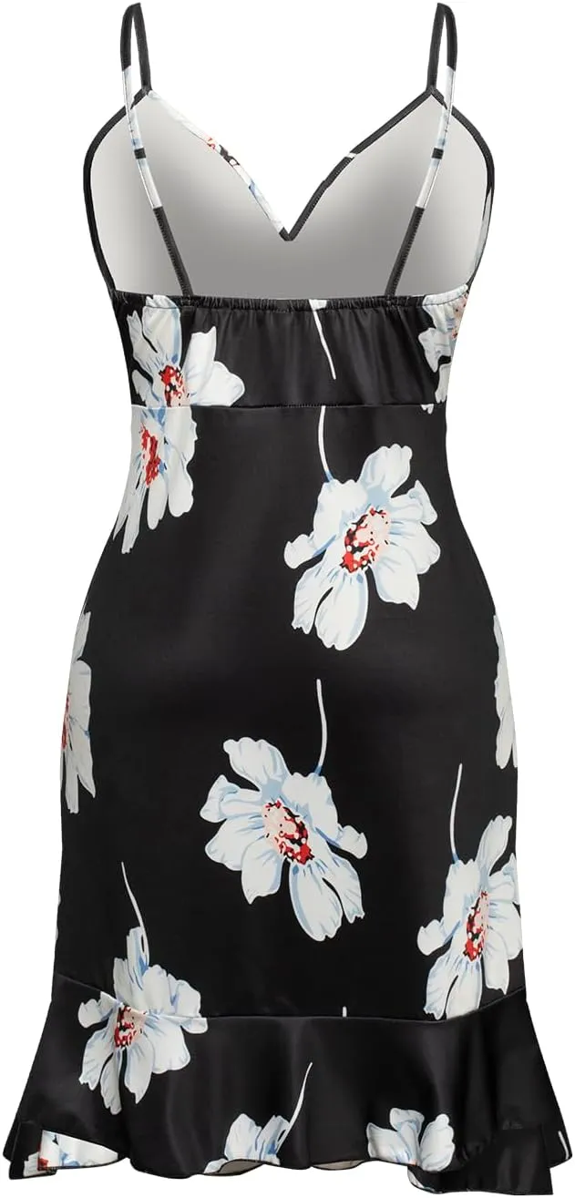 Alessia Cara Women's V Neck Spaghetti Strap Sleeveless Floral Print Ruffle Mini Dress (Medium, Black)