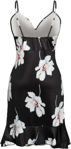 Alessia Cara Women's V Neck Spaghetti Strap Sleeveless Floral Print Ruffle Mini Dress (Medium, Black)