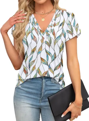 ALIMASHA Womens Tops Petal Short Sleeve Dressy Casual V Neck Shirts Business Work Blouses Tunic Top