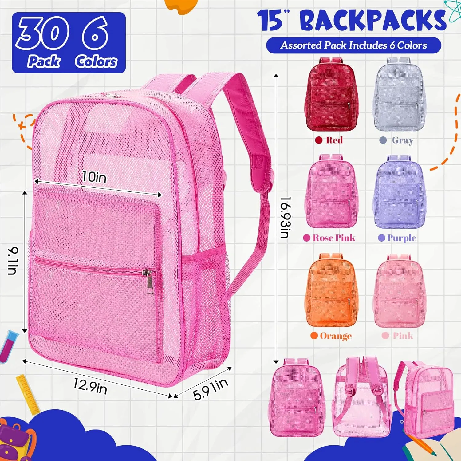 Amylove 30 Pcs Mesh Backpacks Bulk 17 Inch See Through Backpack in Bulk Heavy Duty Beach Bag for Sports Travel (Bright Color)
