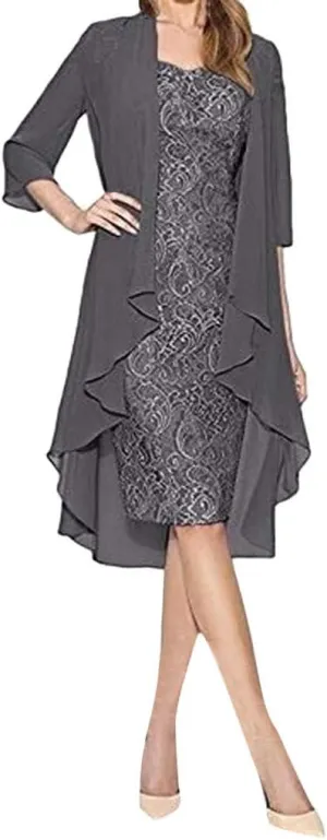 Aniywn Women Plus Size Two Piece Long Sleeve Party Dress Lace Solid Color Elegant Long Maxi Dress Mini Dress