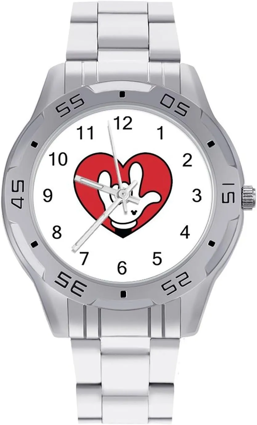 ASL I Love You Sign Language Classic Wrist Watches for Men Casual Business Dress Watch with Stainless Steel Band Work Party