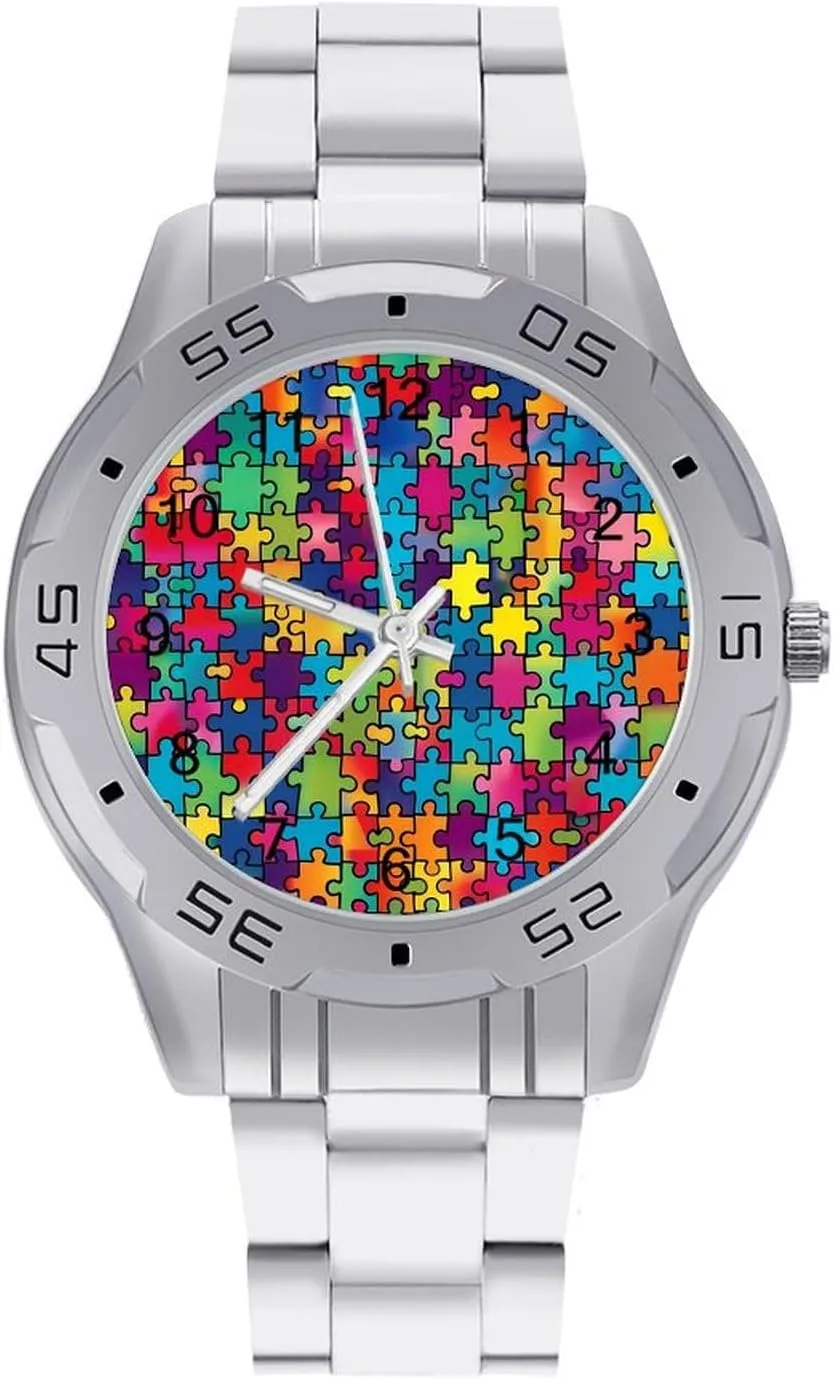 Autism Awareness Puzzle Classic Wrist Watches for Men Casual Business Dress Watch with Stainless Steel Band Work Party