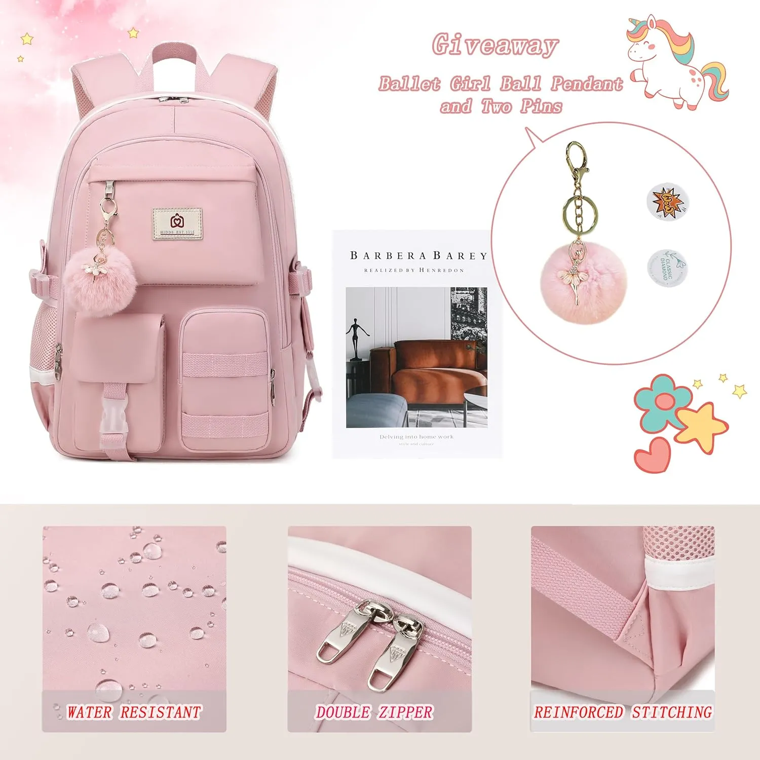 Backpack for Girls Laptop Backpacks 15.6 Inch College Cute Bookbag Anti Theft Primary Elementary School Bag Casual Daypack for Students Teens Girl Women (Pink)