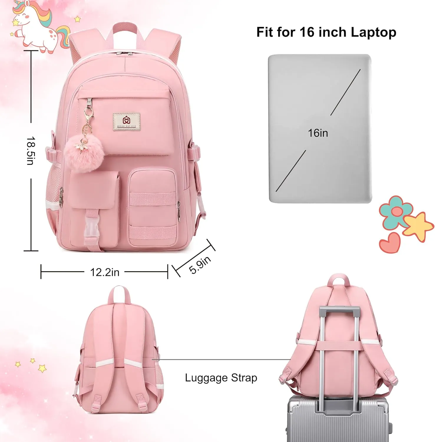 Backpack for Girls Laptop Backpacks 15.6 Inch College Cute Bookbag Anti Theft Primary Elementary School Bag Casual Daypack for Students Teens Girl Women (Pink)