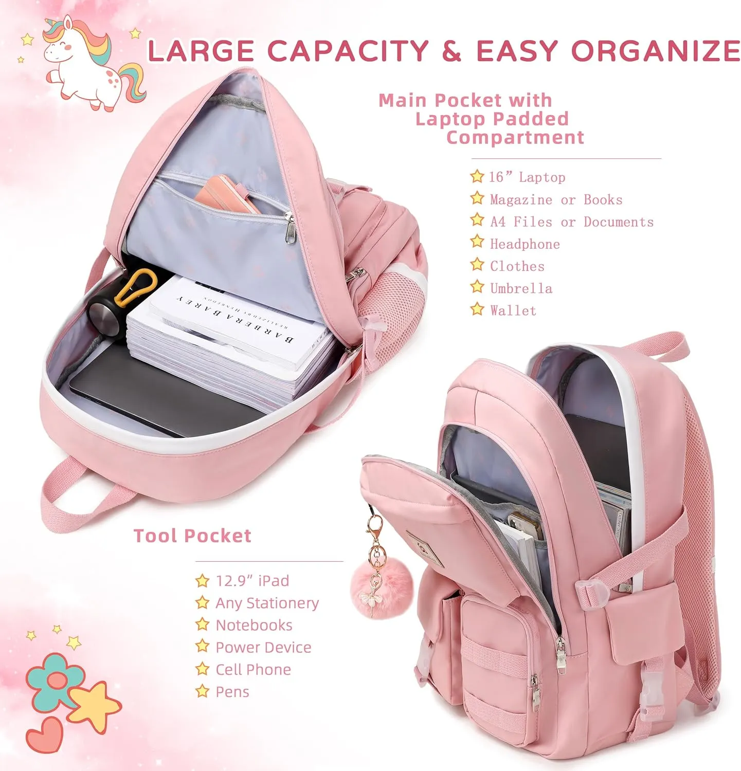 Backpack for Girls Laptop Backpacks 15.6 Inch College Cute Bookbag Anti Theft Primary Elementary School Bag Casual Daypack for Students Teens Girl Women (Pink)